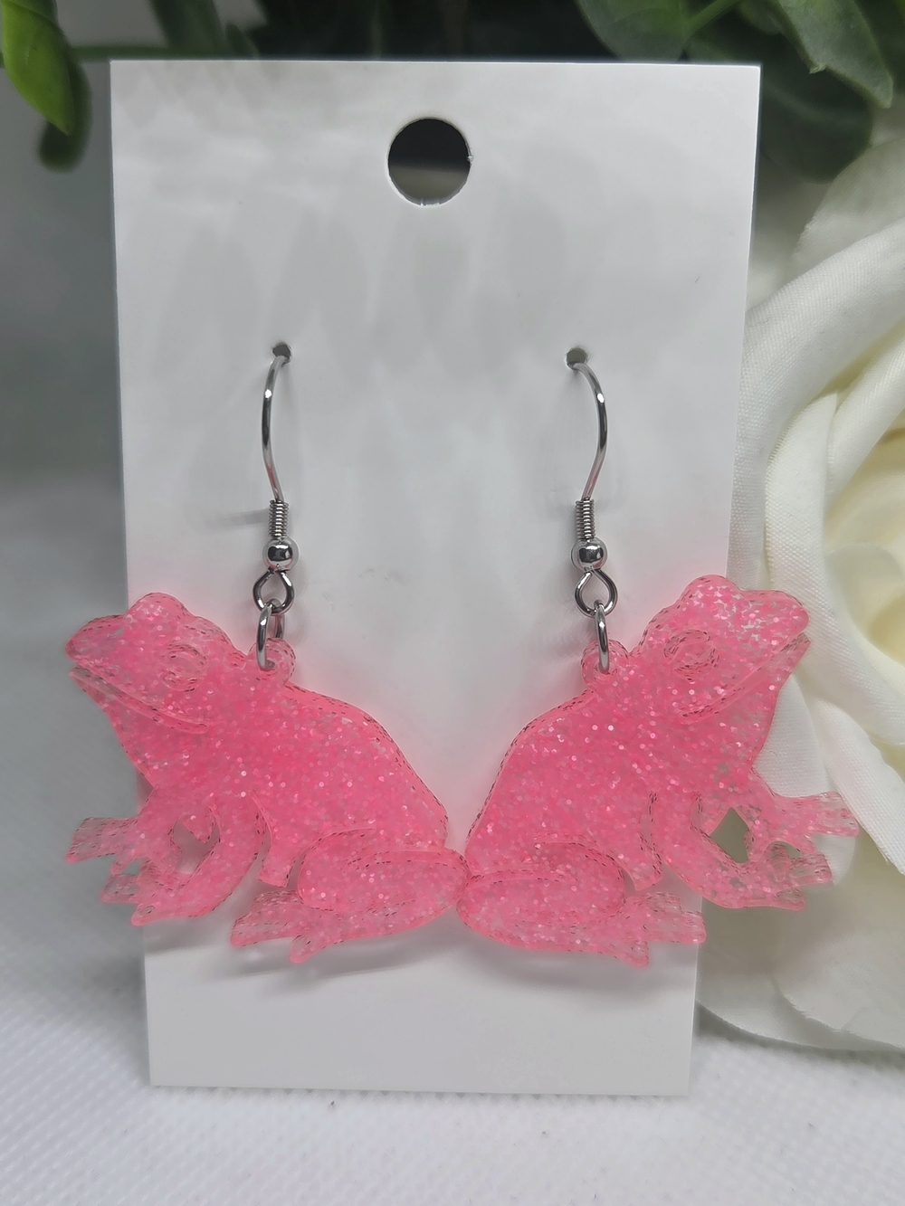Pink Glitter Frog Dangle Earrings